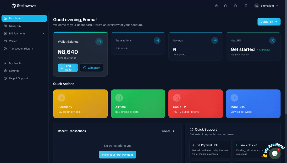 StelloWave Dashboard - Modern Bill Payment & Gift Cards Platform Interface