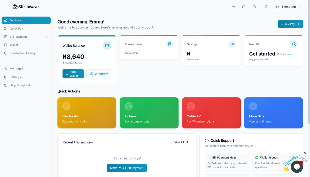 StelloWave Dashboard - Modern Bill Payment & Gift Cards Platform Interface